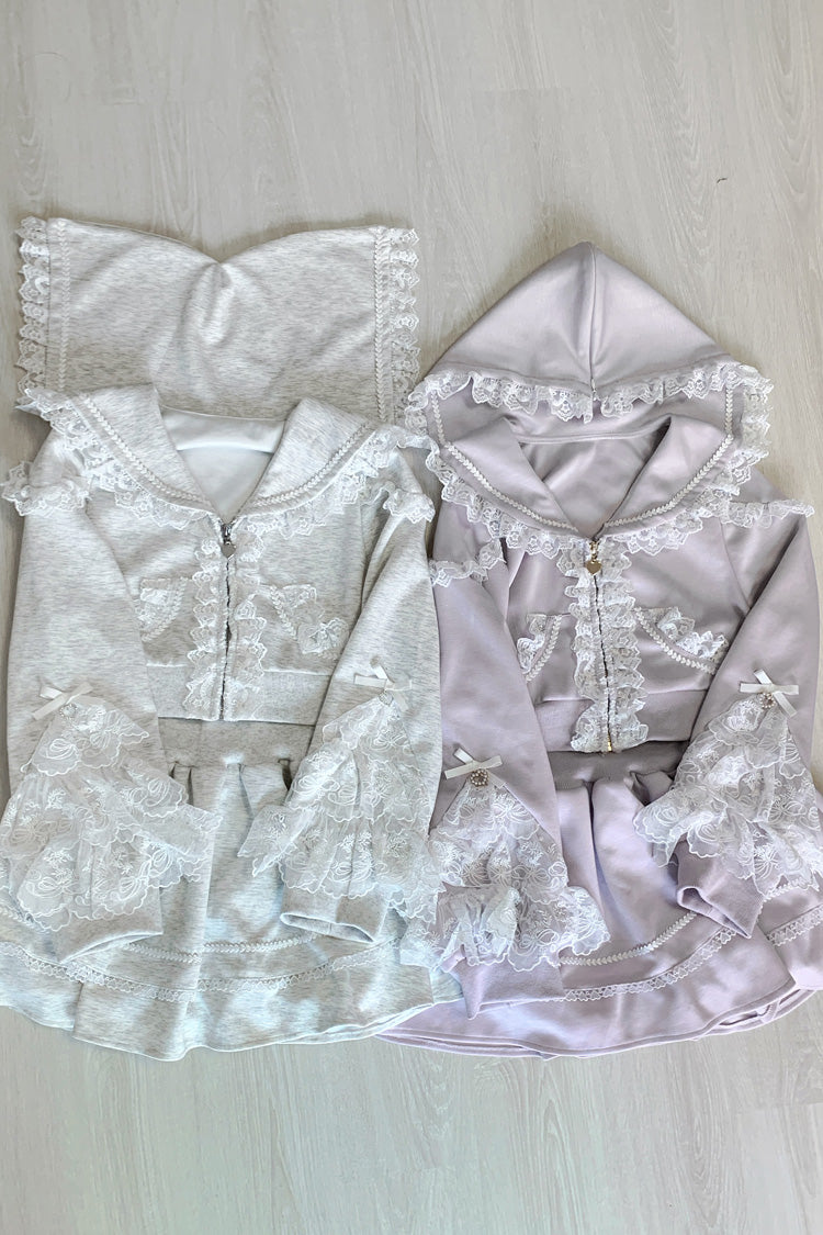 Grey Long Sleeve Ruffled Lace Hooded Jirai Kei Skirt Set