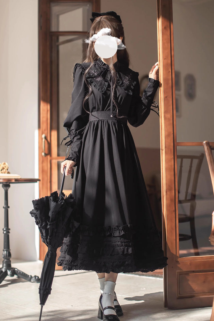 Noir Long Sleeve Ruffle Embroidered Bow Vintage Elegant Dress - Wind Kissed Tulips