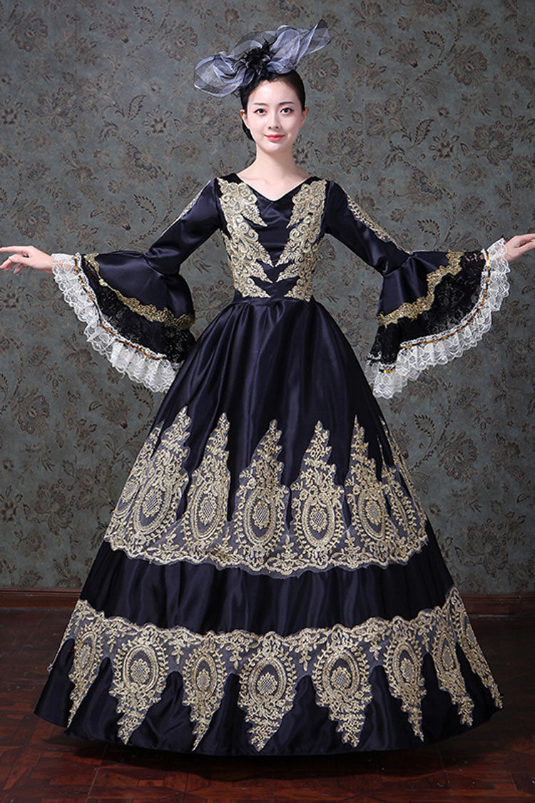 Black Hollow Embroidery Victorian Gown - High Waisted Trumpet Sleeves