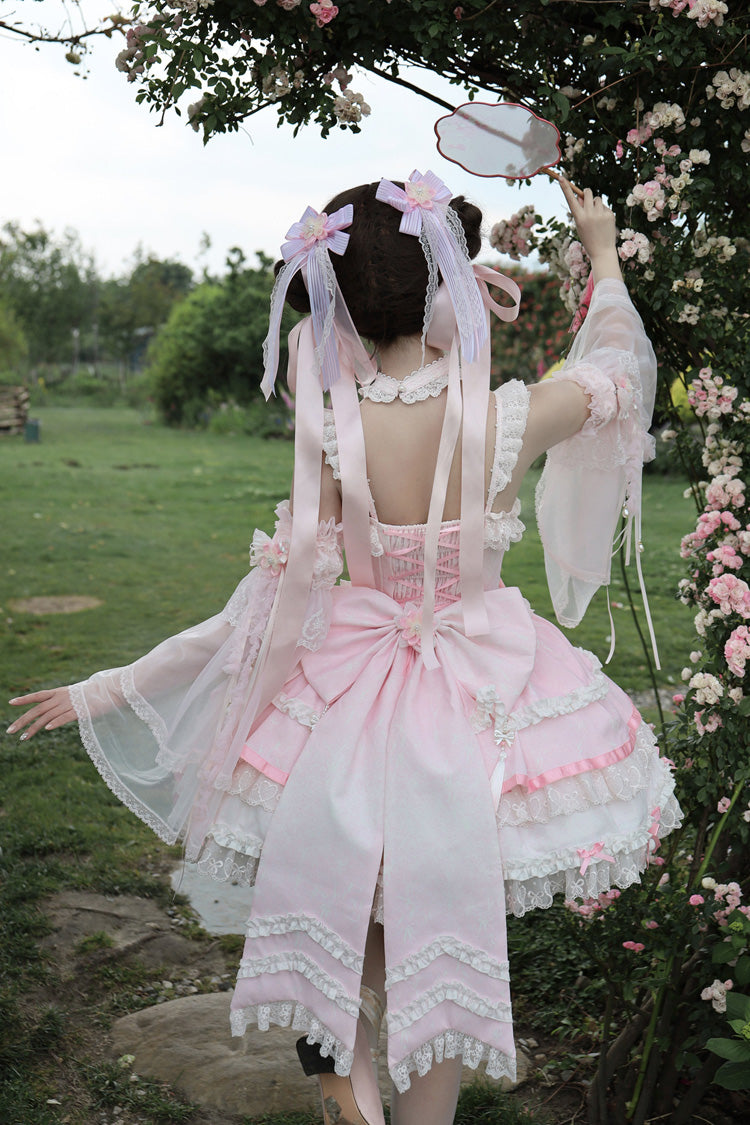 Pink [Prelude of Spring Cherry] Square Collar Sleeveless Multi-Layered Jacquard Ruffled Bow Lace Pearl-Decorated Sweet Lolita Jsk Dress