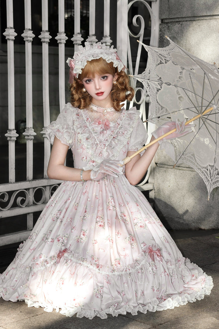 Daydream Rose Floral Jacquard Print Ruffle Embroidered Bow Sweet Lolita Dress in Three Shades
