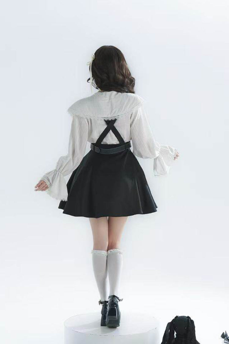 Monochrome Notch Collar Bow Detail Classic Lolita Strap Dress Set