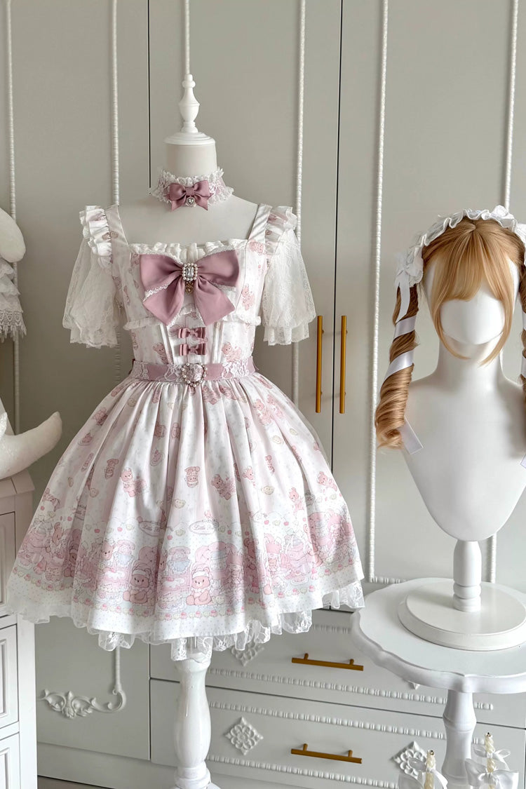 Teddy Bear Party Square Collar Dress with Ruffled Bow