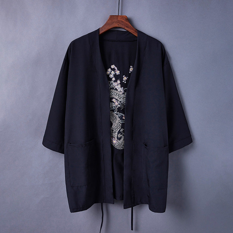 Black Dragon Chinese Embroidery Kimono Outerwear Sun Protective