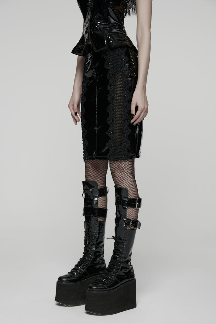 Noir Lace-Trimmed Faux Leather Gothic Midi Skirt - Dark Elegance