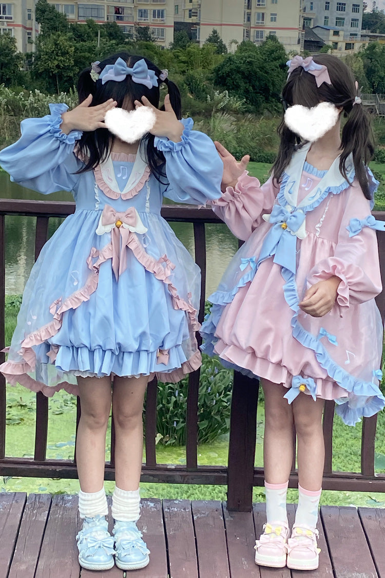 Music Note Print Blue Lace Sweet Lolita Dress with Bow