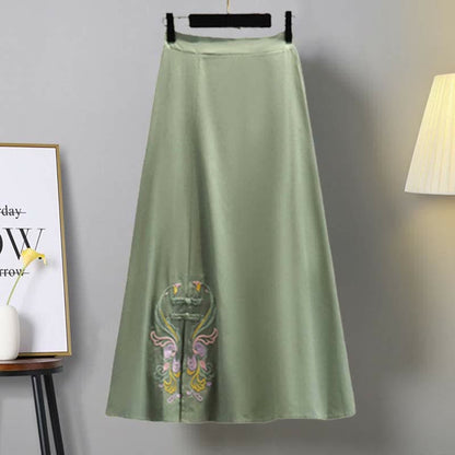 Floral Embroidery Buckle Vintage Top Skirt Set