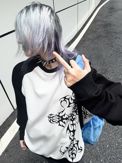 Black and White Colorblock Tattoo Cross Sweatshirt