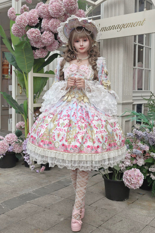 Blue/Pink [Rose Garden Prelude] Square Collar Long Trumpet Sleeves Printed Ruffled Bow Lace Lace-Up Sweet Lolita Dress