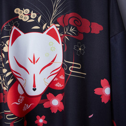 Charming Sakura Fox Print Kimono Outerwear