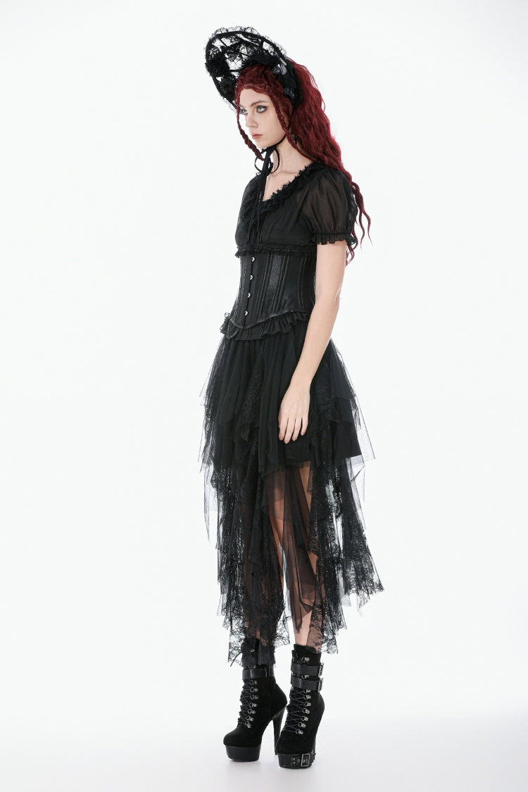 Matte Black Lace-Up Underbust Corset with Sheer Panels - Punk Style
