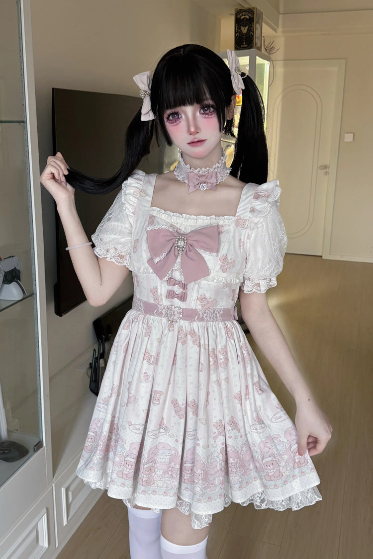 Teddy Bear Party Square Collar Dress with Ruffled Bow