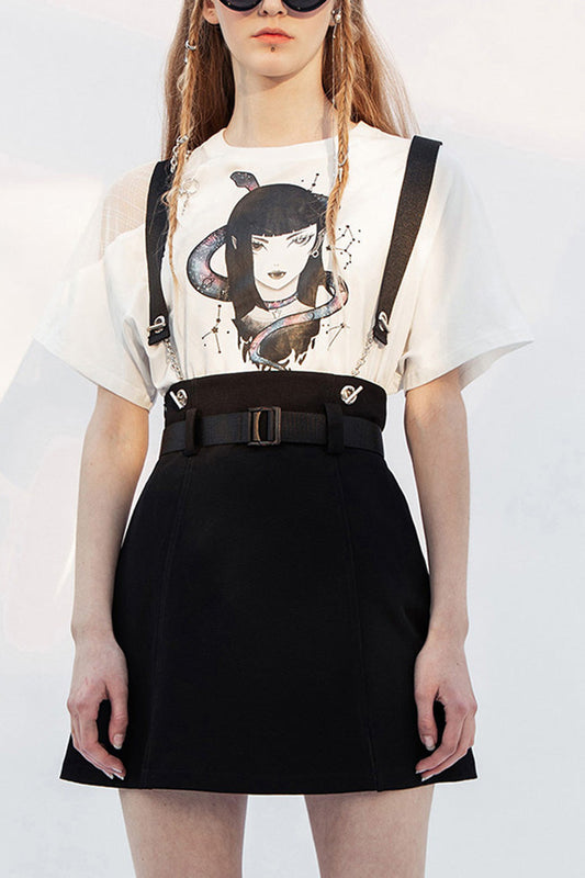 Slate Steel Ring Strap Buckled Split Hem A-Line Punk Skirt for Women