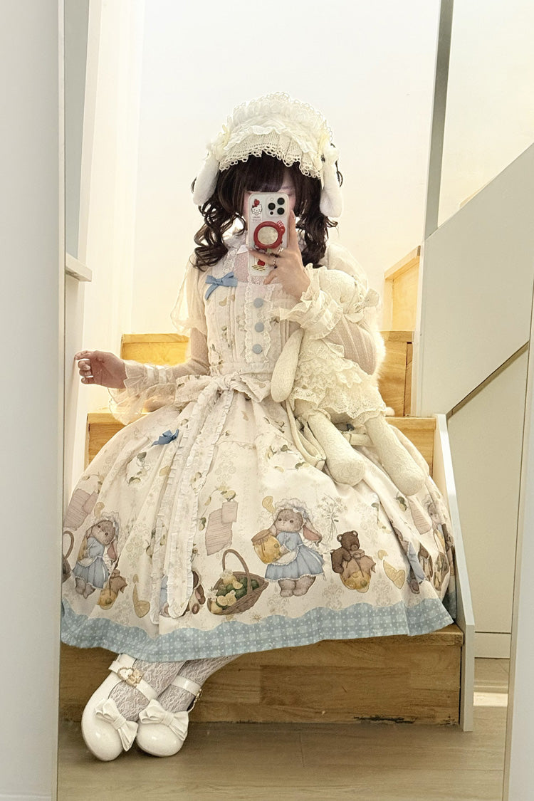 Ivory [Midsummer Bunny Bear] Printed Ruffled Bow Sweet Lolita Dress 2 Versions