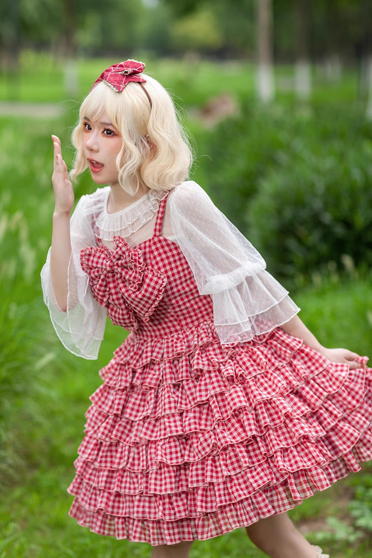 Plaid Print Ruffled Bow Sweet Tiered Dress - 3 Variants