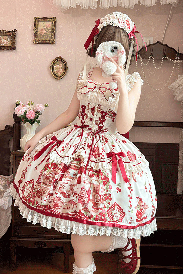 Ivory Scarlet Sleeveless Printed Ruffle Embroidered Bow Lace Sweet Jumper Dress - Strawberry Bear
