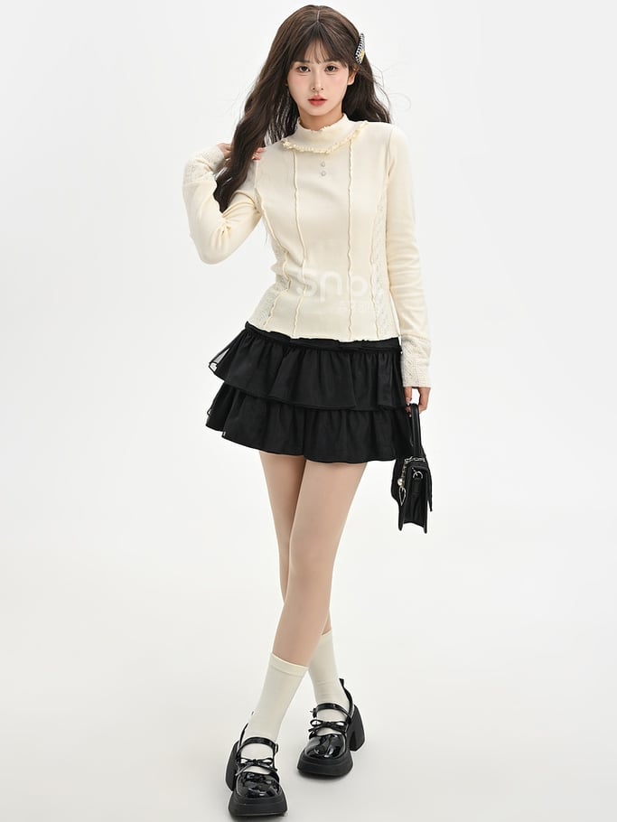 Apricot Crochet Patchwork Waist and Cuffs Slim-fit Long Sleeves Top