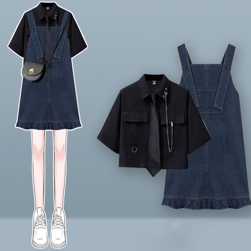 Pocket Lapel Tie T-Shirt Denim Overall Dress Set