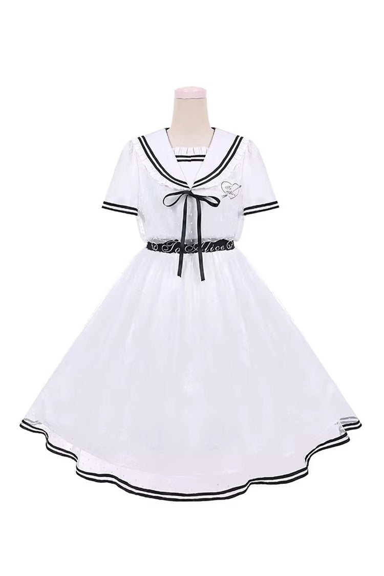 White Seaside Sweetheart Chiffon Navy Collar Short Sleeves Ruffled Lace-Up Slim Sailor Sweet Dress