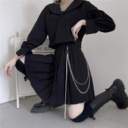 Gothic Chain Pure Color Pleated Skirt