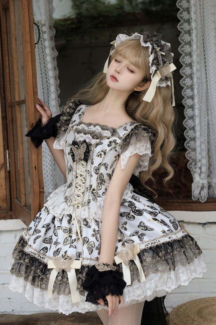 Golden Spirit Butterfly Print Sleeveless Ruffle Lace-Up JSK Dress Set