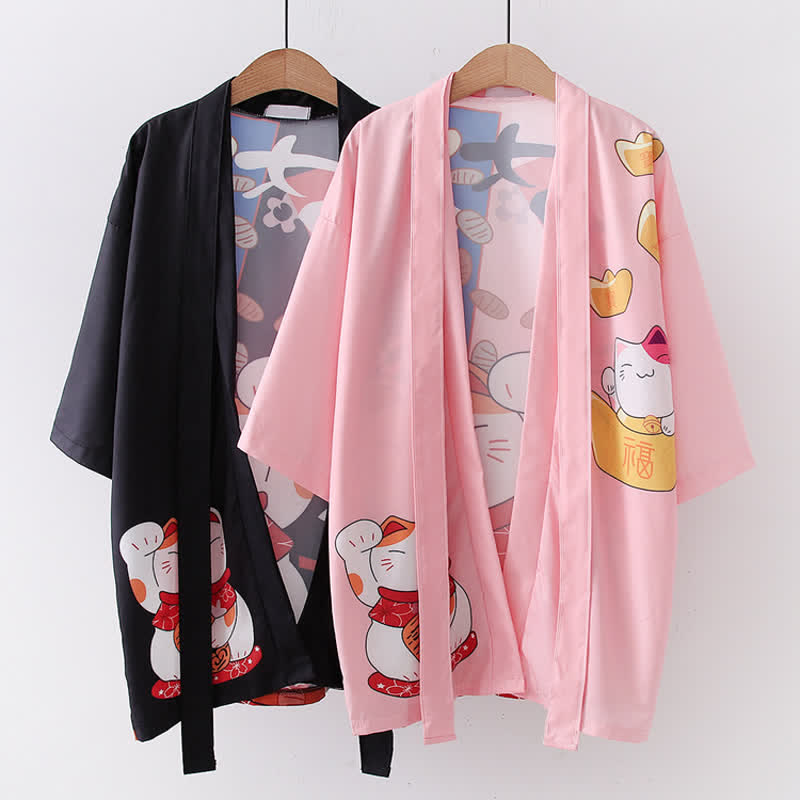 Lucky Cat Letter Print Cardigan Kimono Outerwear