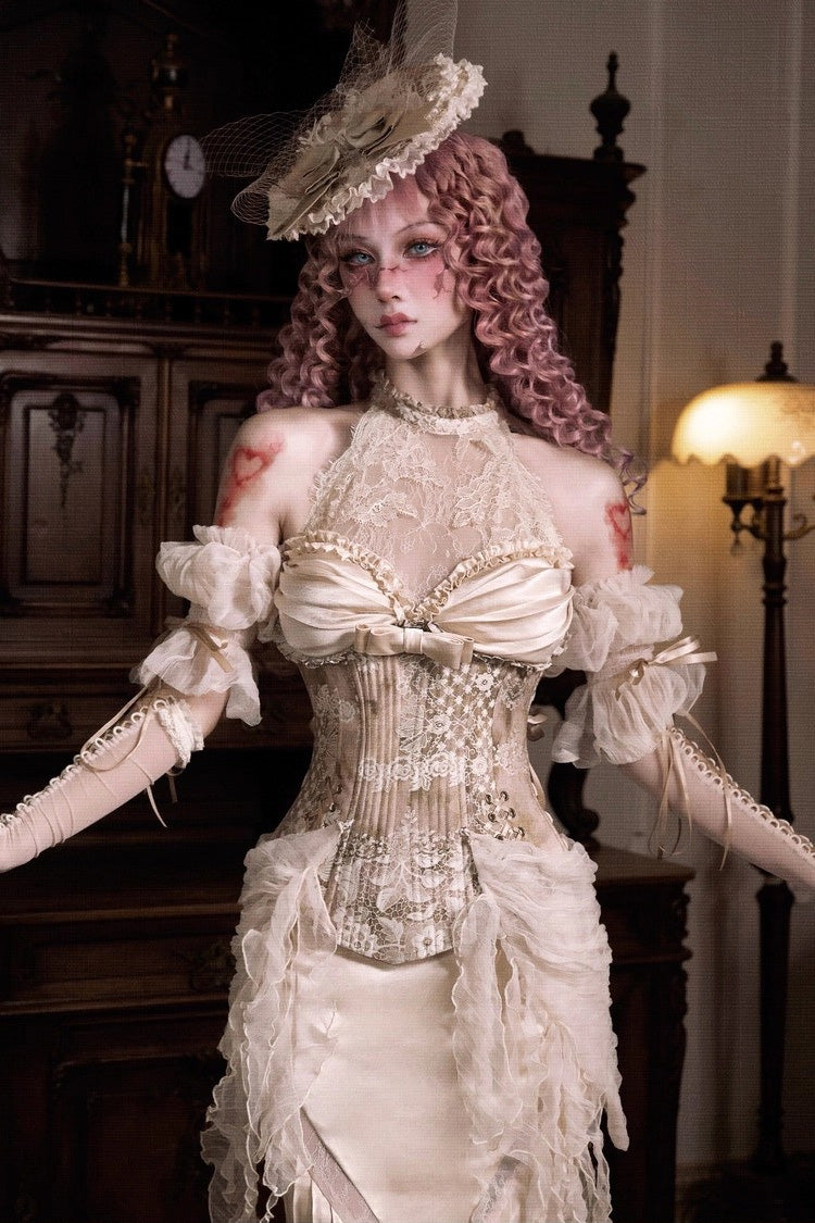 Halterneck Ruffled Embroidered Bow Lace Slim Fishbone Gothic Lolita Top and Skirt Dress Set