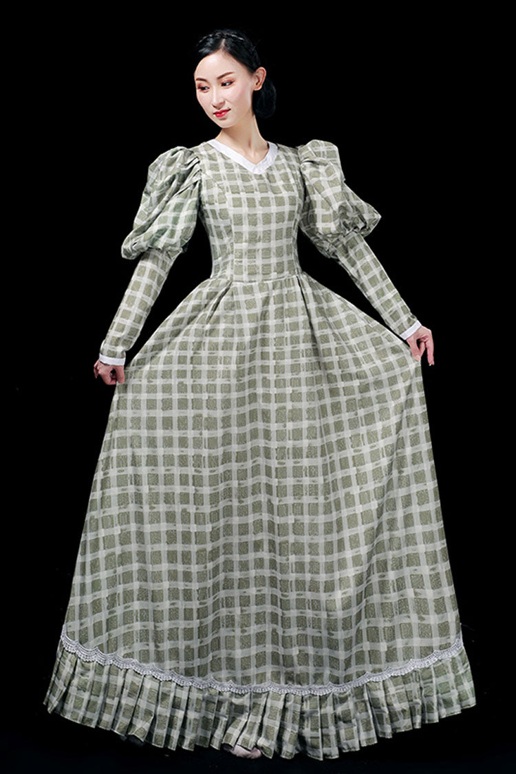 Dark Green Plaid High Waisted Victorian Gown - Ruffled Long Sleeves