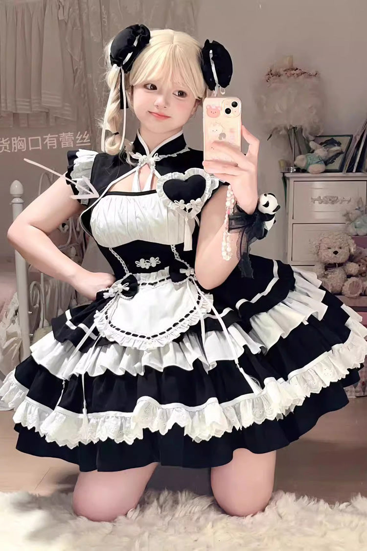 Black and White Layered Ruffle Cheongsam Maid Dress - Gothic Fusion