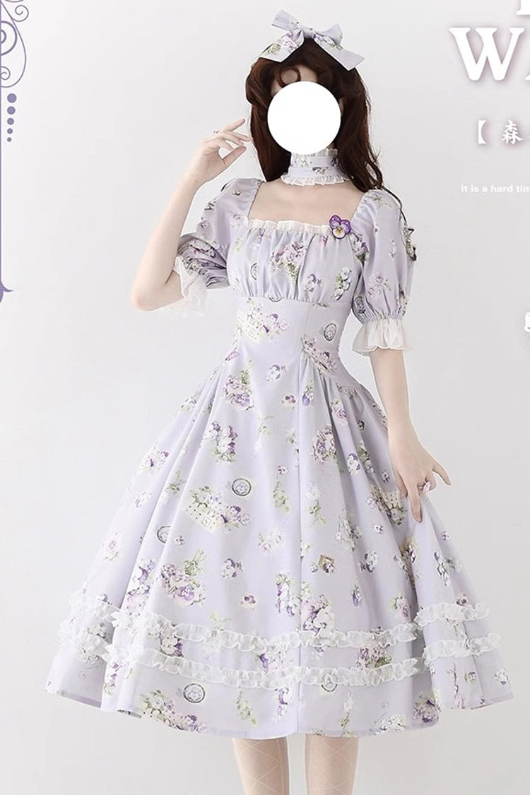 Botanical Print Ruffle-Trim Lace Summer Lolita Gown in Six Shades - Forest Basket