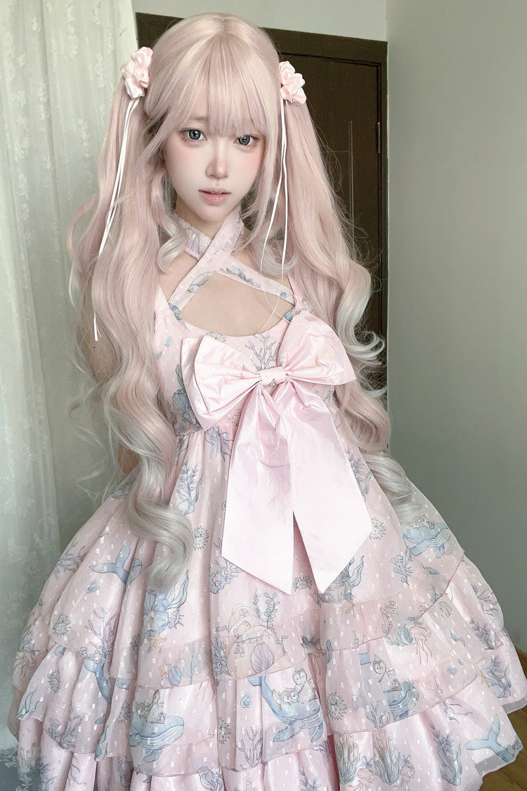 Ocean Sweetheart Halterneck Sleeveless Triple-Layered Printed Ruffled Bow Lace Sweet Strap Dress