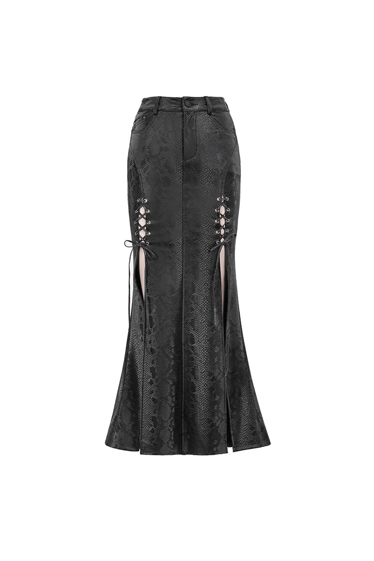 Leather-Like Side Slit Skirt with Lace-Up Rivets - Black Punk Long