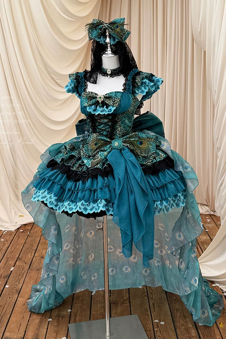 Blue/Green [Peacock Spirit Princess] Sleeveless Multi-Layered Ruffled Bow Lace-Up Classic Elegant Lolita Jsk Dress