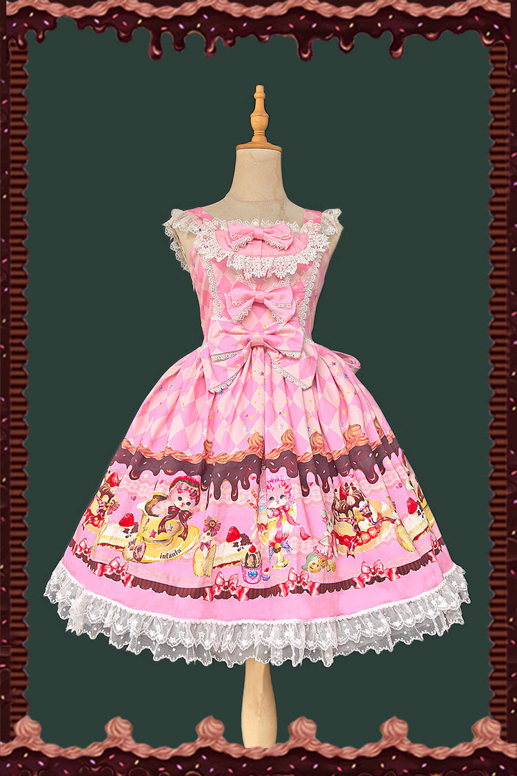 Sleeveless Lace Bow Print Sweet JSK Dress in 3 Colors - Cream Meow