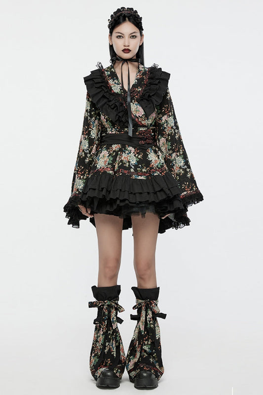 Charcoal Long Sleeve Floral Print Ruffle Gothic Kimono Dress Set