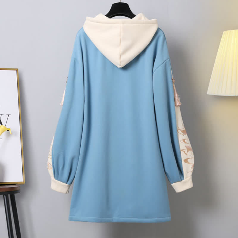 Vintage Rabbit Embroidery Colorblock Plush Hooded Sweatshirt Dress