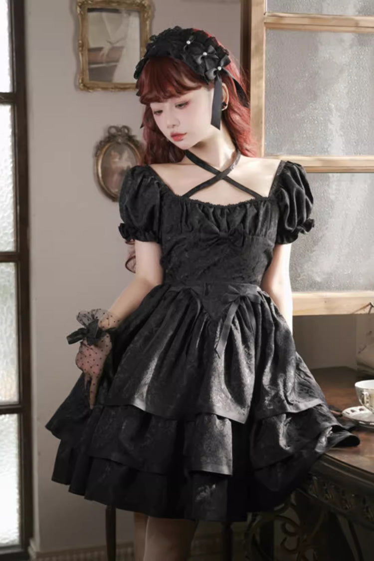 Short Sleeves Multi-layer Ruffle Bowknot Gothic Princess Lolita Dress