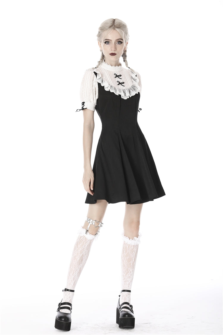Black/White Stand Collar Short Sleeves Ruffled Women's Sweet Gothic Lolita Doll Midi Dress