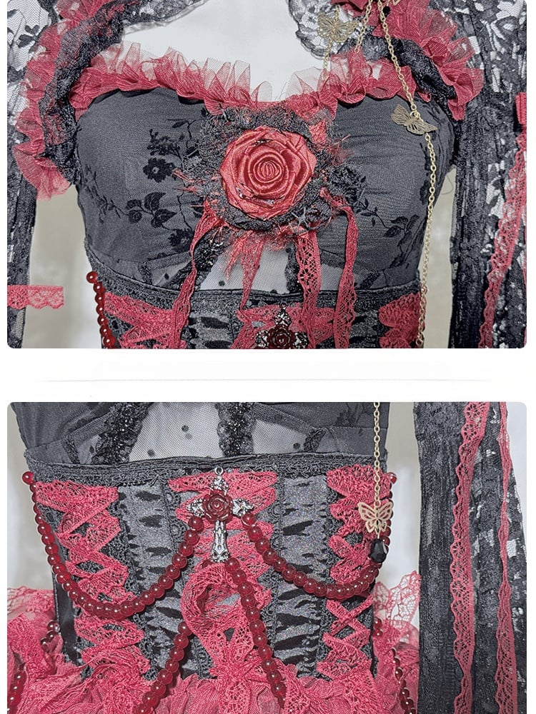 Black&Red Gothic Set- Cami Top+Lace Bell Sleeves Bolero Beaded Chain Tiered Skirt