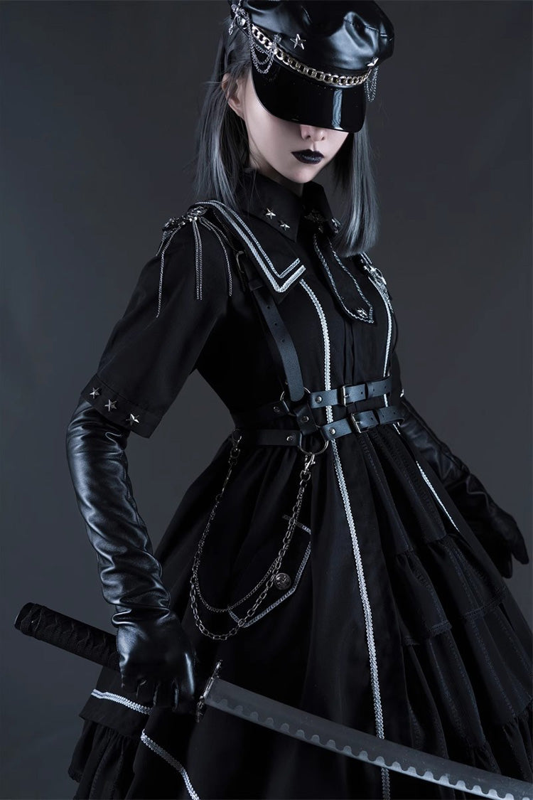 Military-Style Gothic Dress with Cardigan and Lace Accents