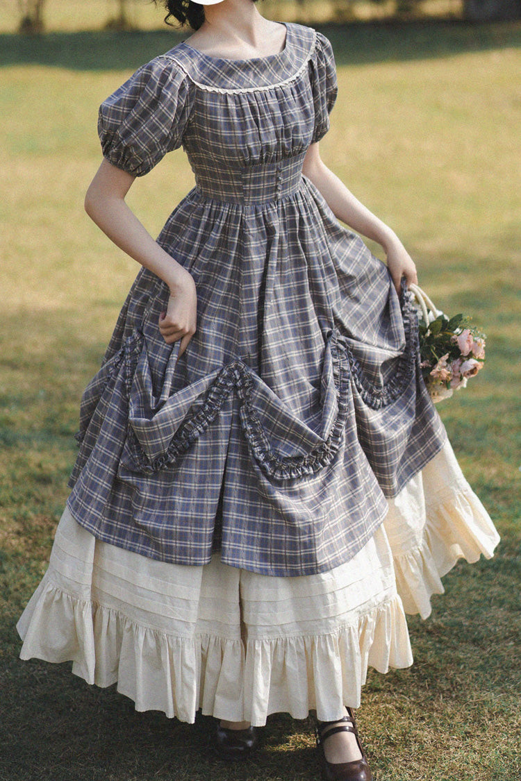 Vintage Elegant Lolita Dress with Boat Neck, Short Sleeves, Ruffled Hem, Grey/Blue