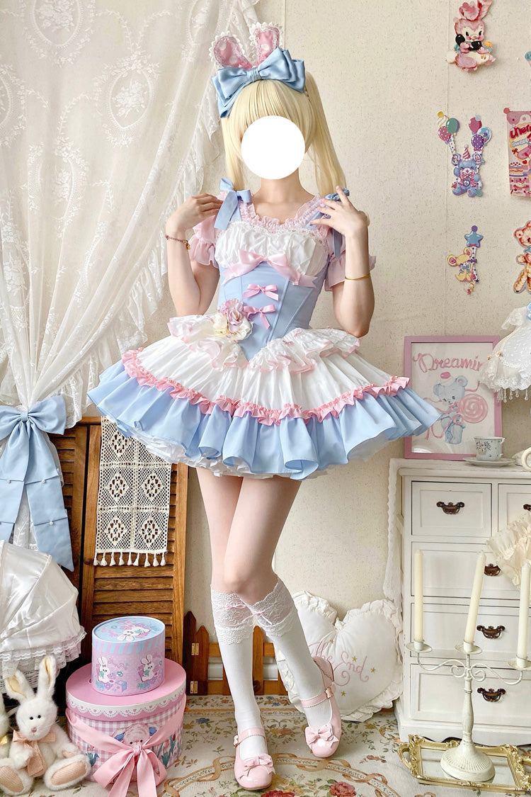 Light Blue Pink White Fairy Tale Overture Triple-Layered Ruffle Bow Fishbone Ballet Dress