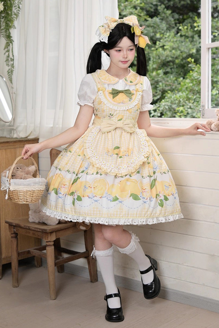 Sunshine Printed Ruffle Bow Lace Sweet Jumper Dress - Lemon Chicken