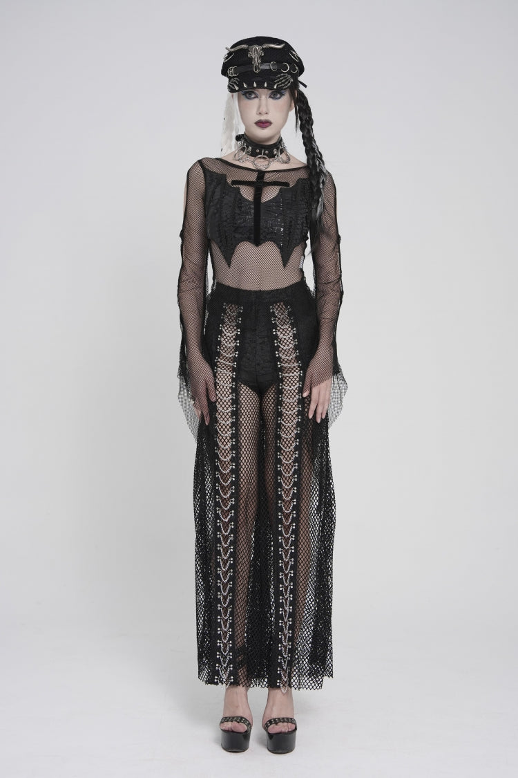 Noir Punk Trousers with Mesh Panels and Metal Studs