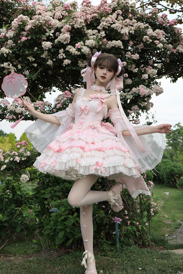 Pink [Prelude of Spring Cherry] Square Collar Sleeveless Multi-Layered Jacquard Ruffled Bow Lace Pearl-Decorated Sweet Lolita Jsk Dress