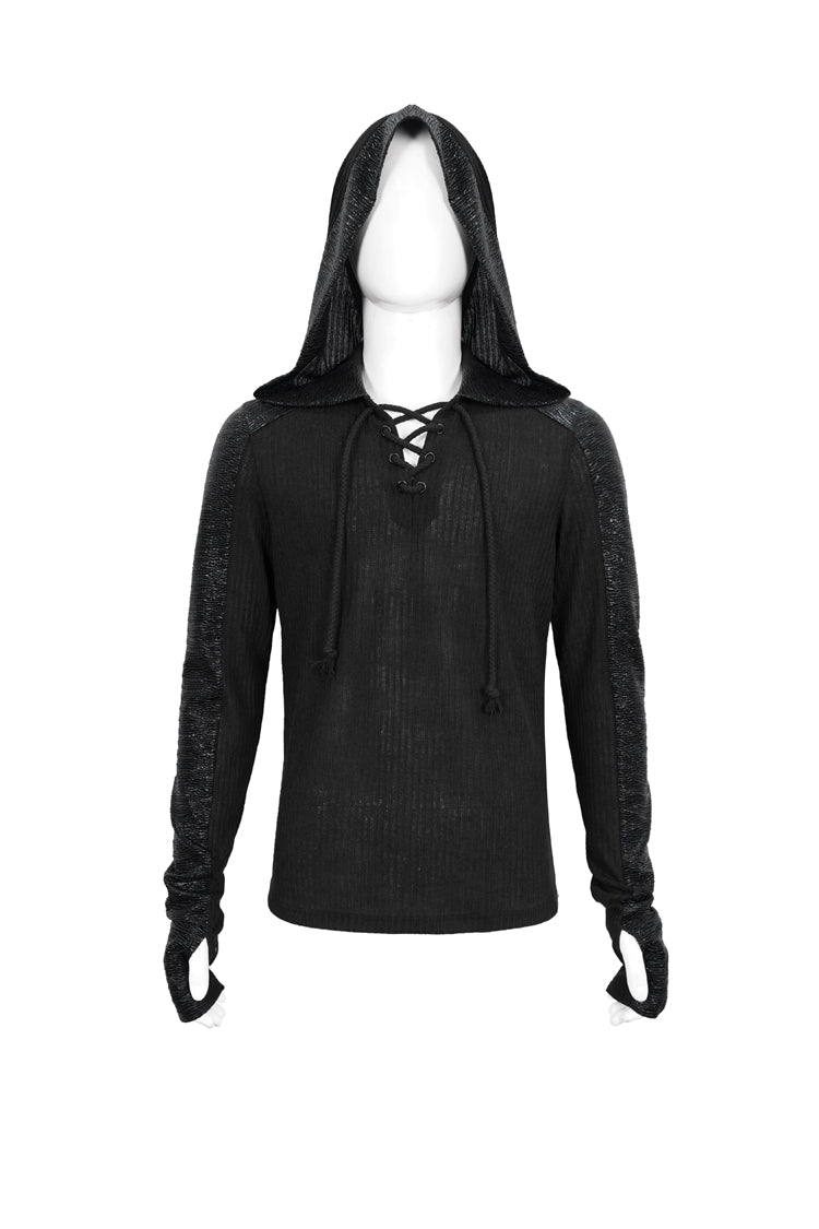 Dark V-Neck Knit Hooded Punk Tee with Tether Design