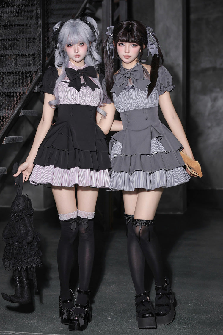 Halterneck Square Collar Ruffled Lolita Dress Set - Black/Grey