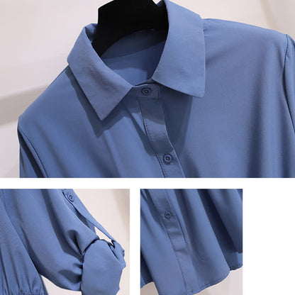 Blue Lapel Chiffon Shirt Flared Split Pants