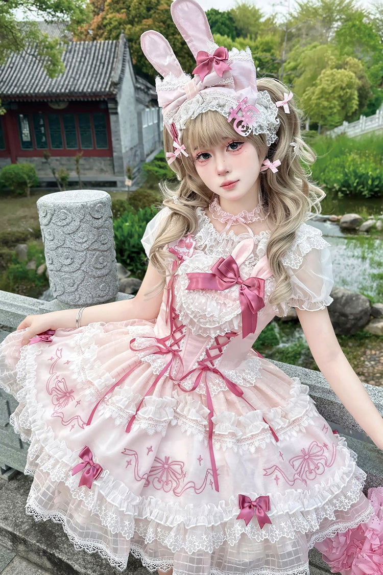 Blush Flutter-Sleeve Embroidered Square Neck Ruffled Lolita JSK - Sweetheart Bunny