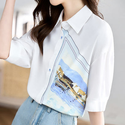 White Irregular Painting Print Chiffon Lapel Shirt